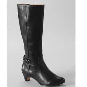 Lands End Black Leather Wide Boots Low Heel Silver Buckle